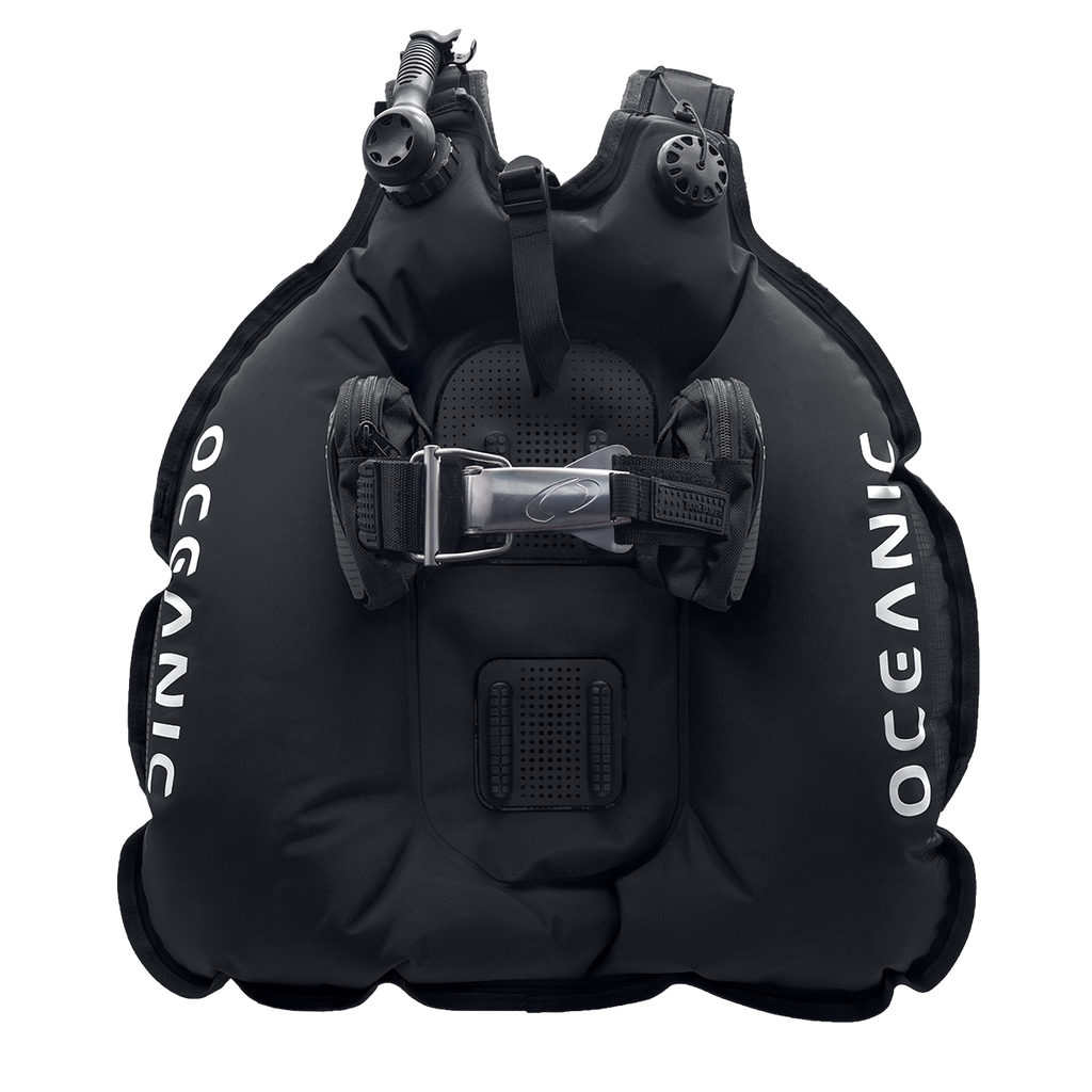 Oceanic Photon Pro Men's BCD. Oceanic scuba diving buoyancy module with dual regulator hoses and front buckle closure, shown on a plain white background.