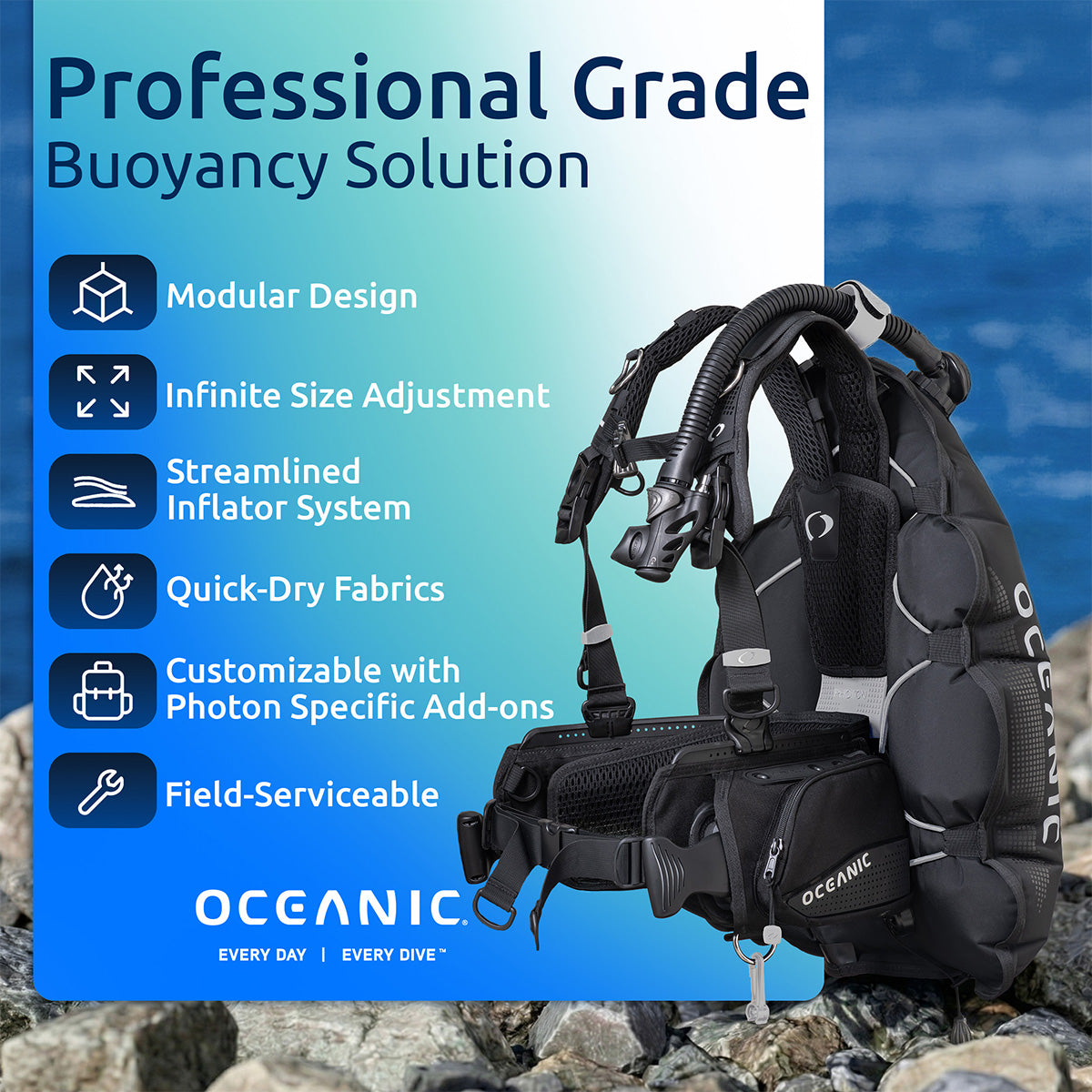 Oceanic professional grade buoyancy control device with features listed on a blue background.