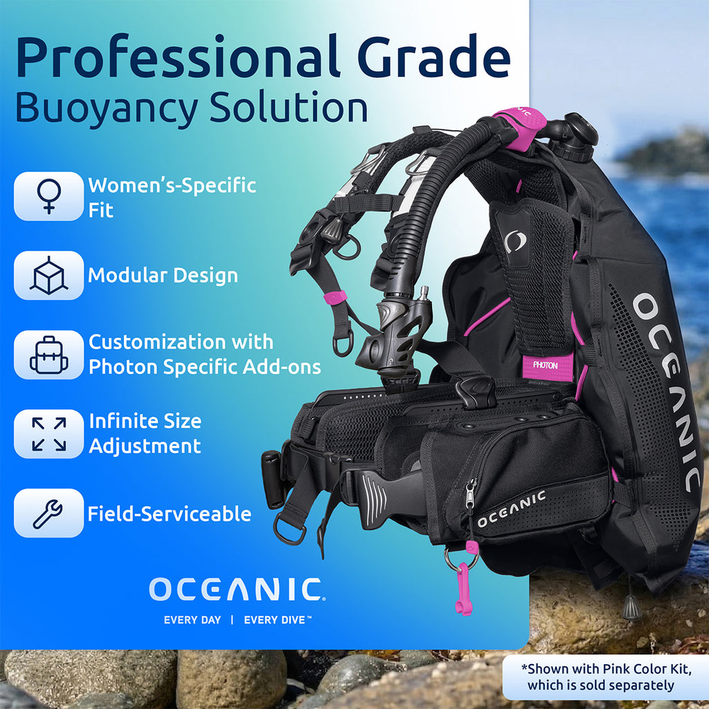 Oceanic professional grade buoyancy control device with features listed on a blue background.