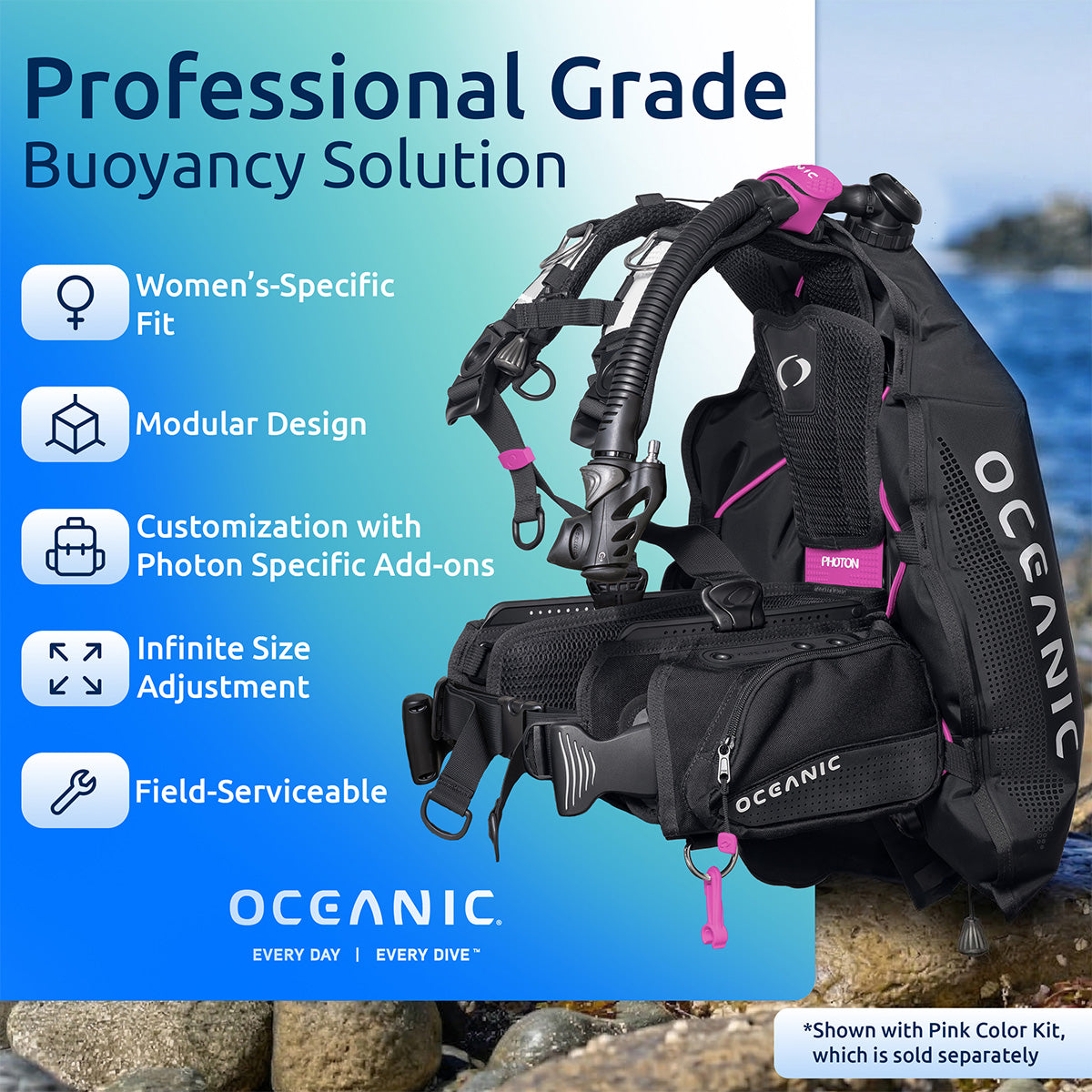 Oceanic professional grade buoyancy control device with features listed on a blue background.