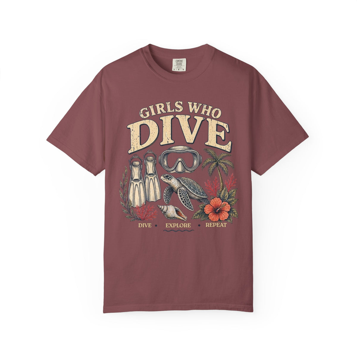 Girls Who Dive T-Shirt – Scuba Mask, Fins & Sea Turtle