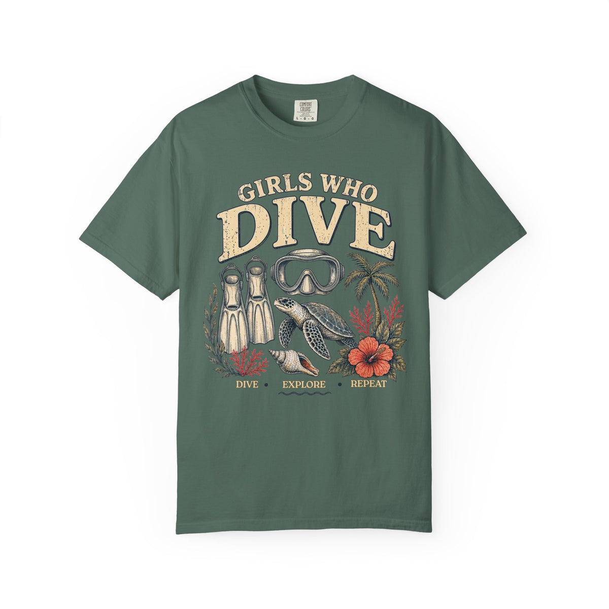 Girls Who Dive T-Shirt – Scuba Mask, Fins & Sea Turtle