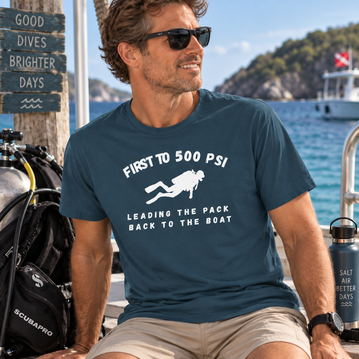 First to 500 PSI T-Shirt – Funny Scuba Diving Design