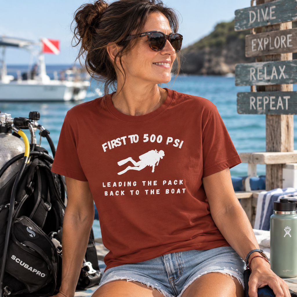 First to 500 PSI T-Shirt – Funny Scuba Diving Design