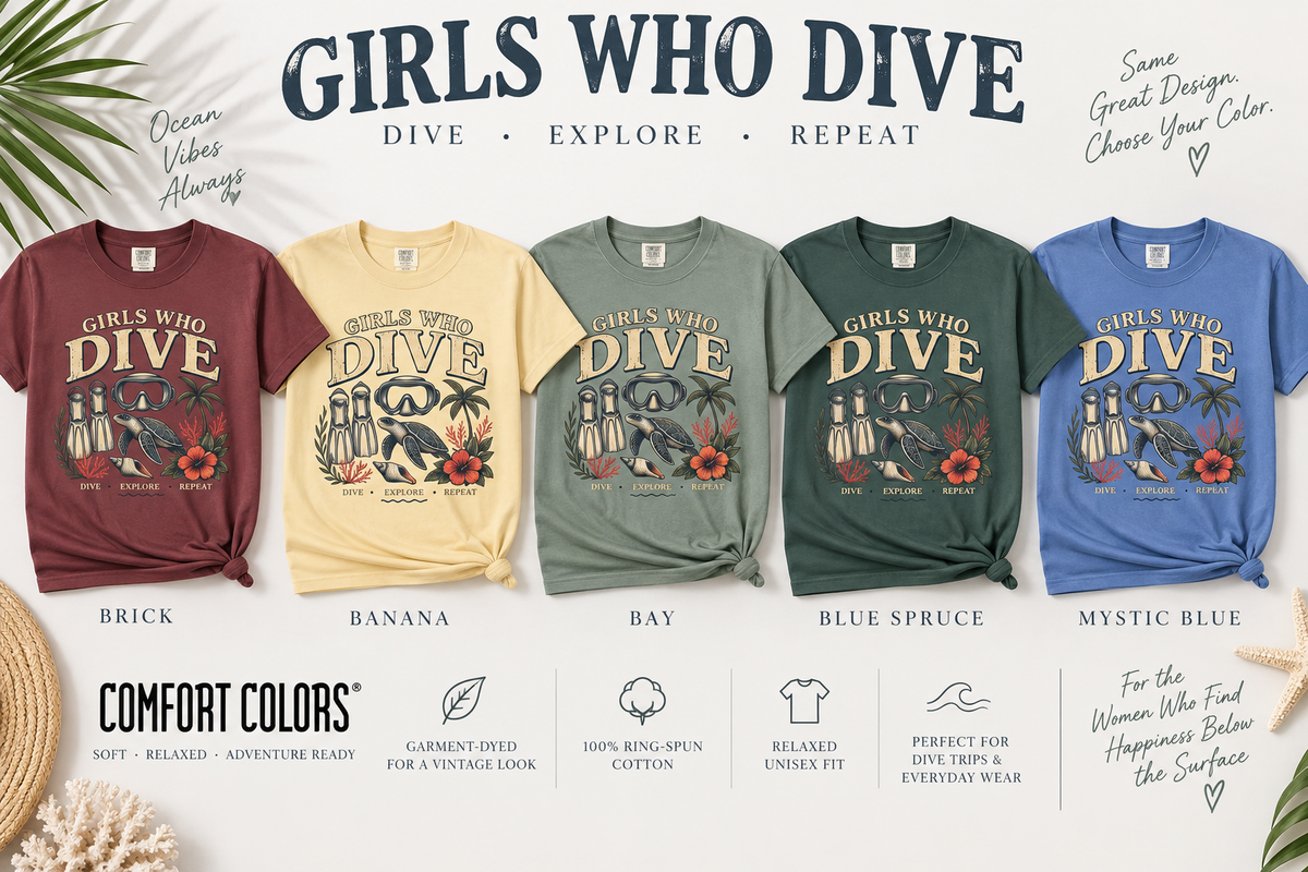 Girls Who Dive T-Shirt – Scuba Mask, Fins & Sea Turtle