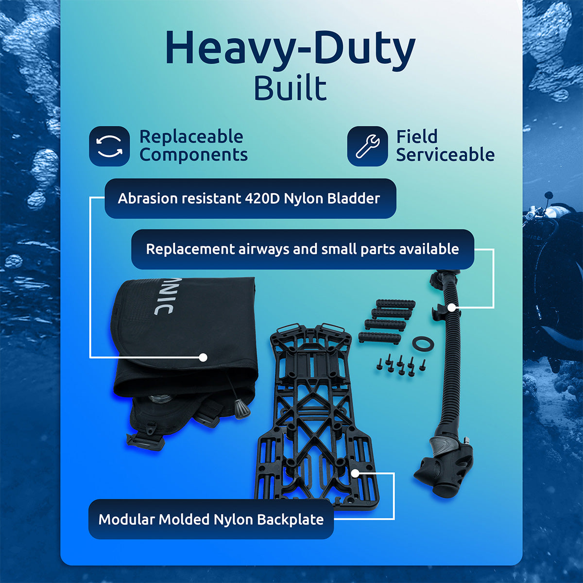 Diving equipment with text highlighting features on a blue background