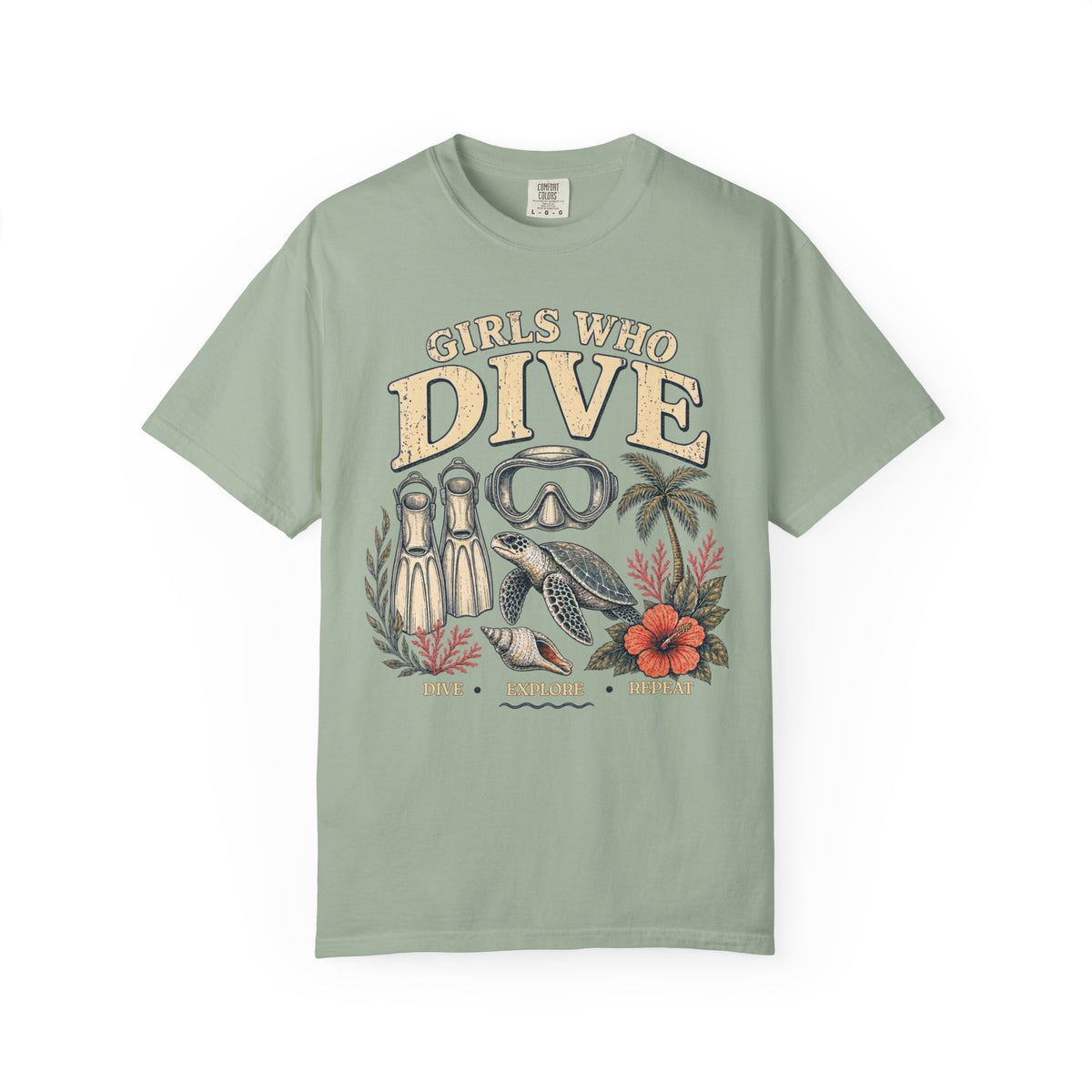 Girls Who Dive T-Shirt – Scuba Mask, Fins & Sea Turtle