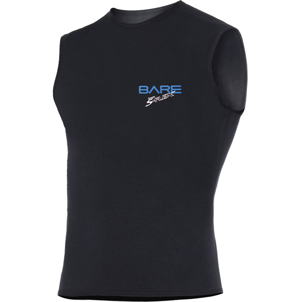 Black sleeveless BARE 3mm S-Flex Vest size table with 'BARE 3mm S-flex' logo on a white background