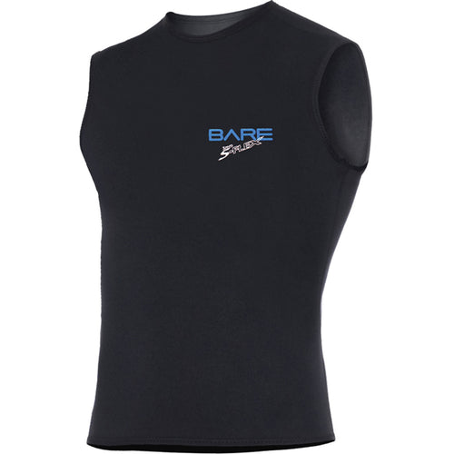 Black sleeveless BARE 3mm S-Flex Vest size table with 'BARE 3mm S-flex' logo on a white background