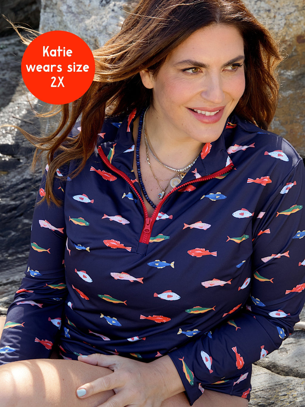 Kitty and Vibe x HarperSage Fish Print Long Sleeve Rashguard UPF 50+