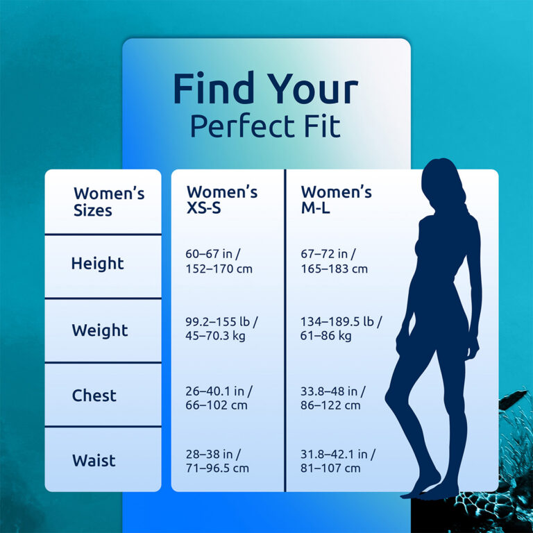 Oceanic Photon Air Women's BCD size chart with height weight chest and waist measurements