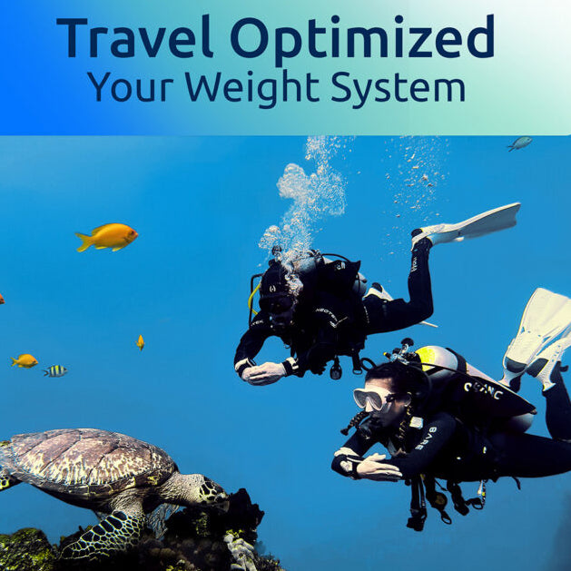 Underwater travel-themed graphic with two scuba divers swimming above a sea turtle on a coral reef, alongside text reading 'Travel Optimized Your Weight System'