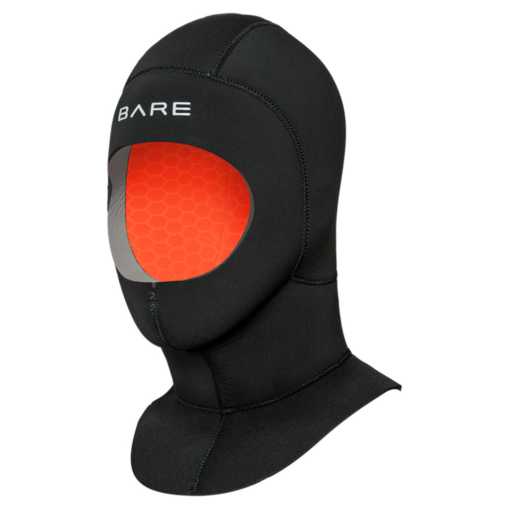 Black 7mm BARE wetsuit hood with red and gray accents on a white background