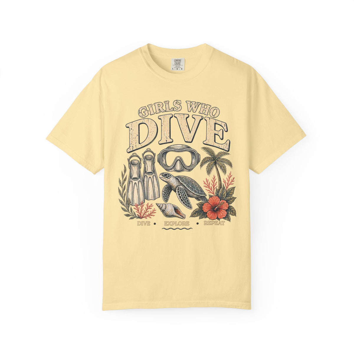 Girls Who Dive T-Shirt – Scuba Mask, Fins & Sea Turtle