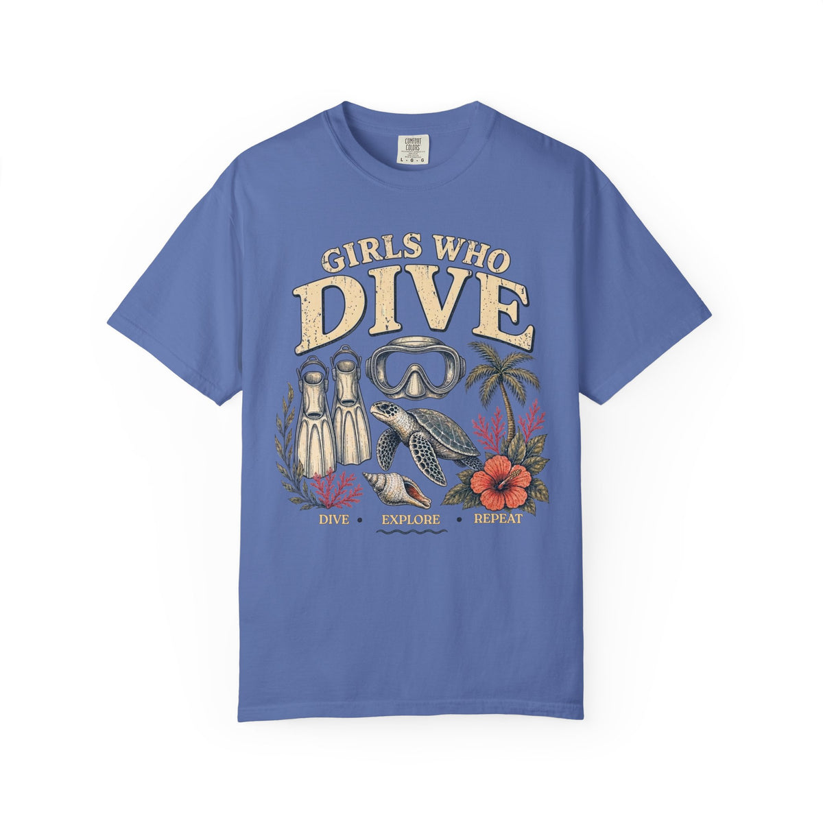 Girls Who Dive T-Shirt – Scuba Mask, Fins & Sea Turtle