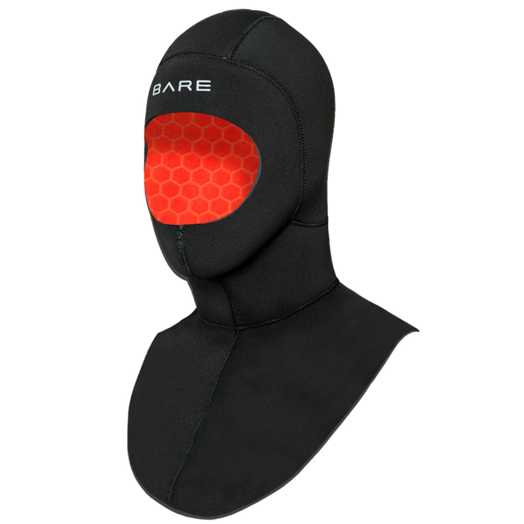 Black wetsuit hood with red center and 'Bare' branding on a white background 7mm Ultrawarmth wet hood