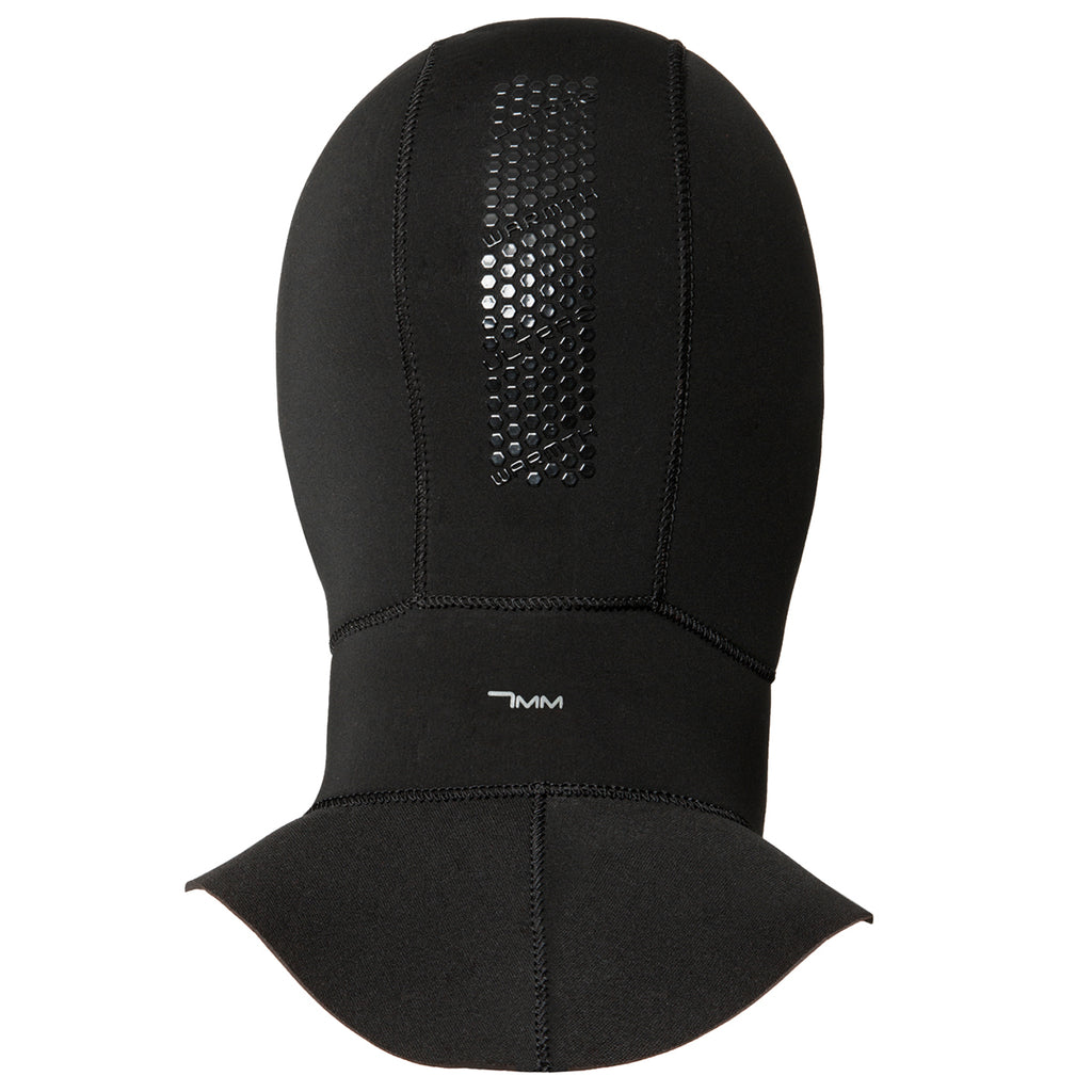 Black 7mm BARE wetsuit hood with mesh panel on a white background