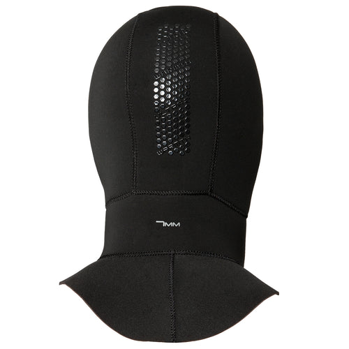 Black 7mm BARE wetsuit hood with mesh panel on a white background