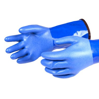 Pair of blue SI TECH Quick Glove with brown accents on a white background
