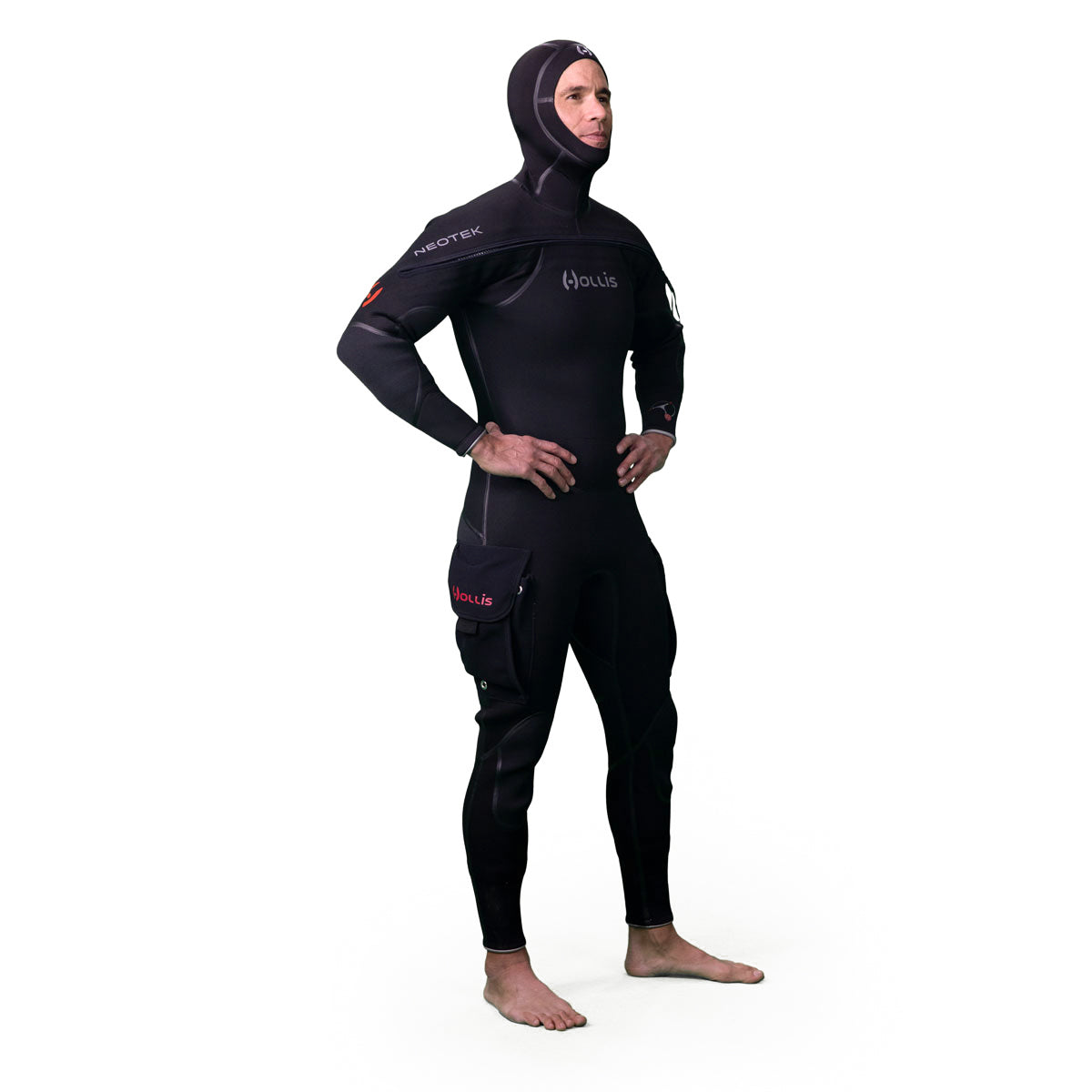 Person wearing a black Hollis Neotek 4/3   wetsuit with a hood on a white background