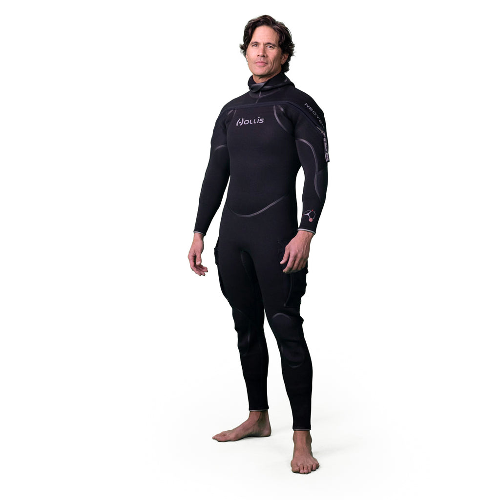 Person wearing a black Hollis Neotek 4/3  wetsuit with a visible brand logo on a white background
