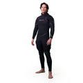 Person wearing a black Hollis Neotek 4/3  wetsuit with a visible brand logo on a white background