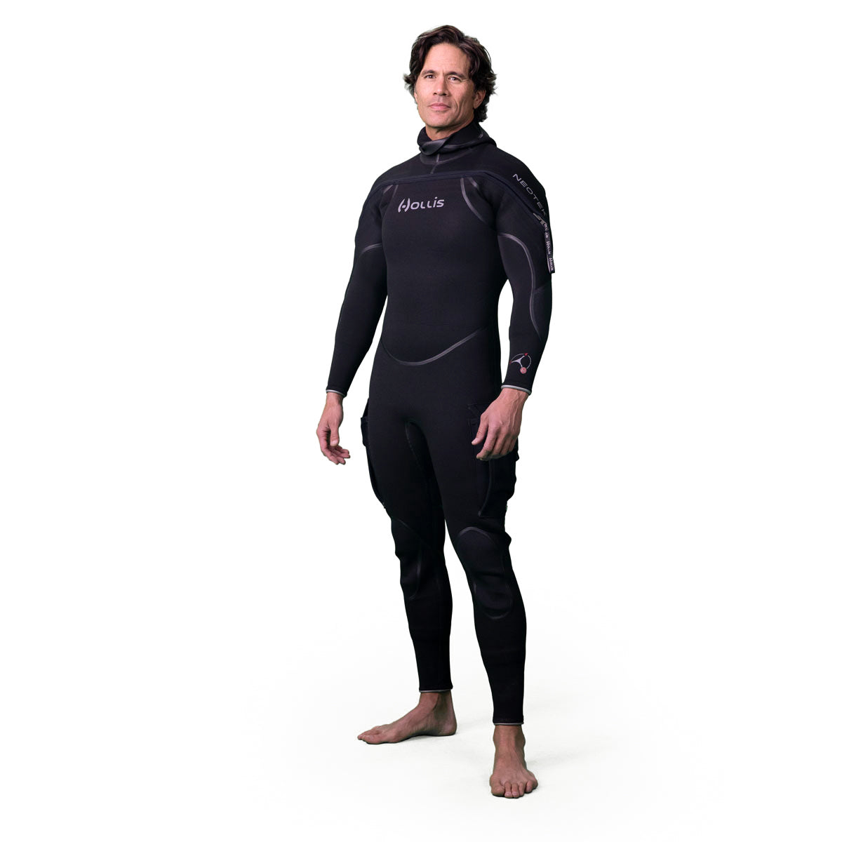 Person wearing a black Hollis Neotek 4/3  wetsuit with a visible brand logo on a white background