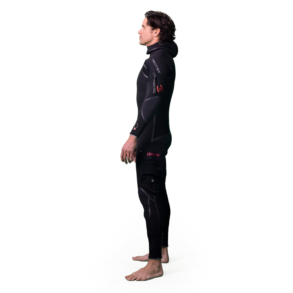 Person wearing a black Hollis Neotek 4/3  wetsuit on a white background