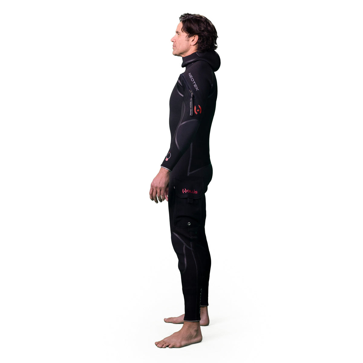 Person wearing a black Hollis Neotek 4/3  wetsuit on a white background