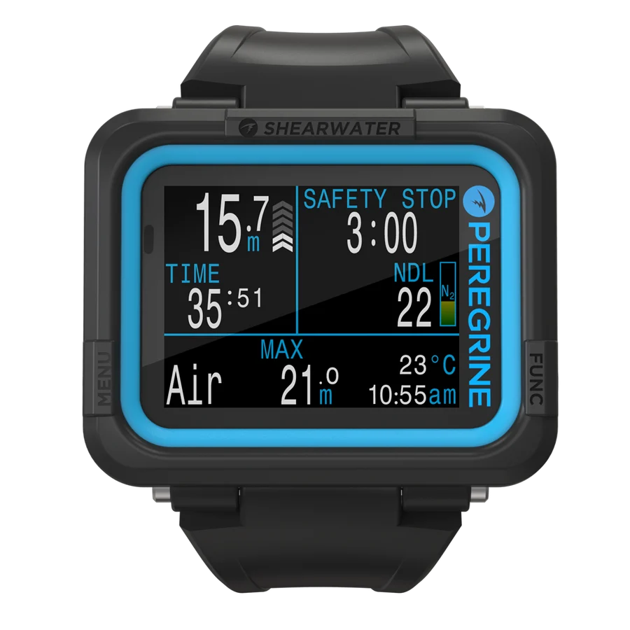 Black dive computer watch with digital display on a white background Shearwater Peregrine Dive Computer | Full-Color Display