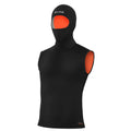 Black BARE 5/3mm Ultrawarmth Women's Hooded Vest with orange accents on a white background