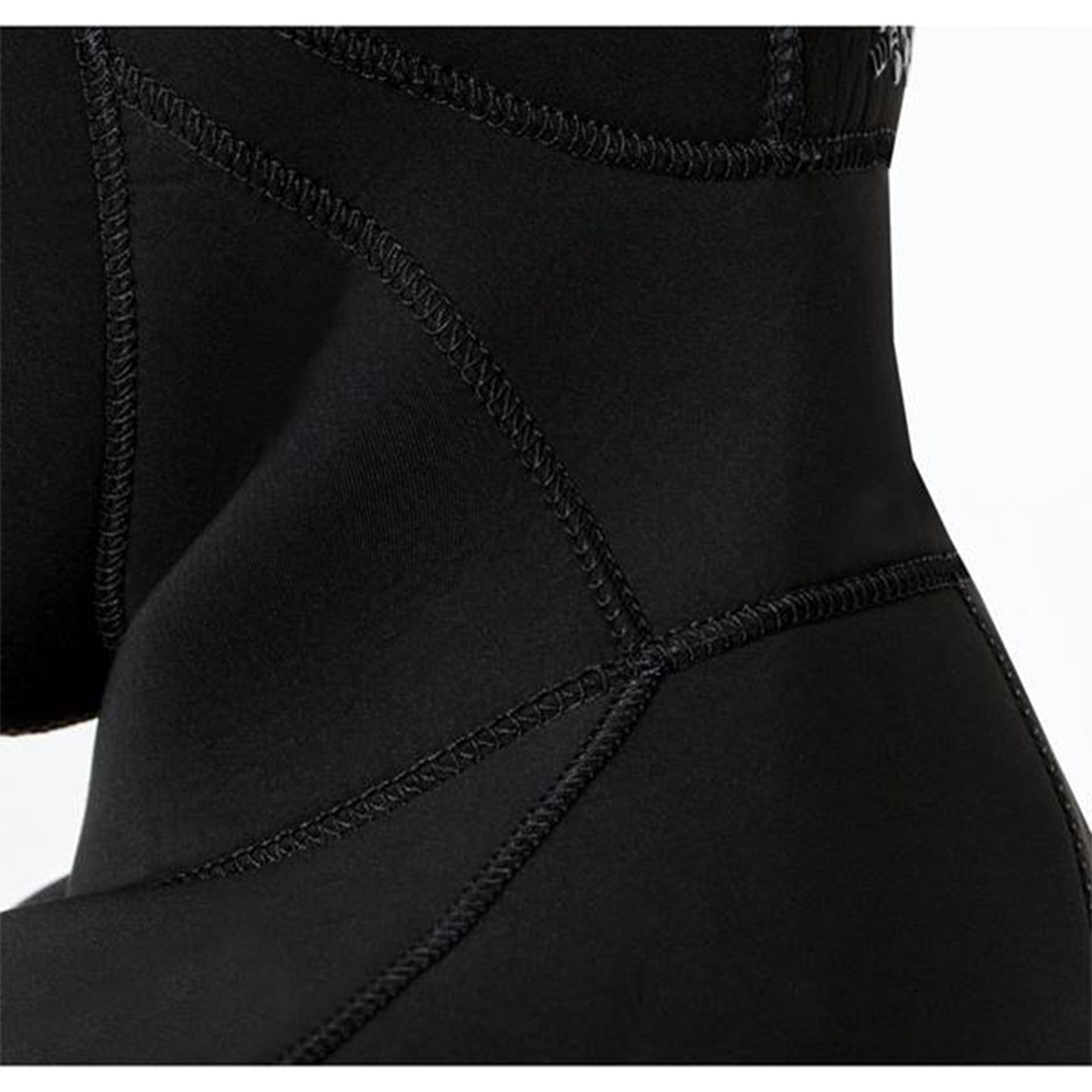 Close-up of a black BARE 5/3mm Ultrawarmth Women's Hooded Vest with visible stitching on a white background