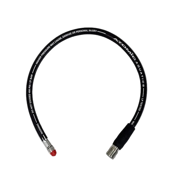 A black flexible cable with white printed text and a small red tip on one end, and a black connector on the other, photographed on a plain white background. Atomic Aquatics SS1 QD Assembly |26" LP Hose