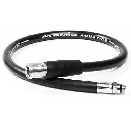 A black Aqua-Tek Atomic Aquatic hose with silver metal connectors on both ends, featuring white printed branding on a clean white background. Atomic Aquatics SS1 QD Assembly, 26" LP Hose