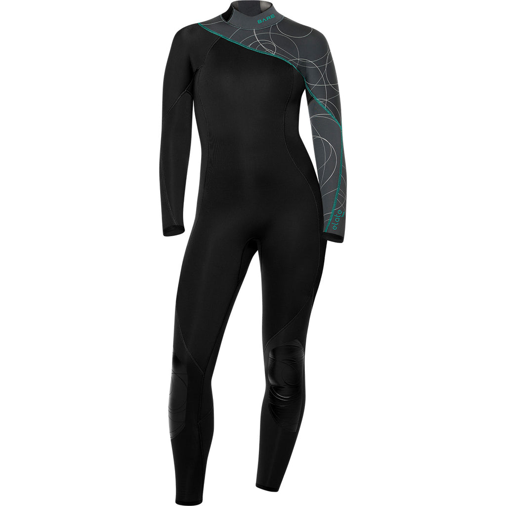 Black BARE 7mm Elate Full Women's Wetsuit with green accents on a white background