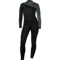 Black BARE 7mm Elate Full Women's Wetsuit with green accents on a white background