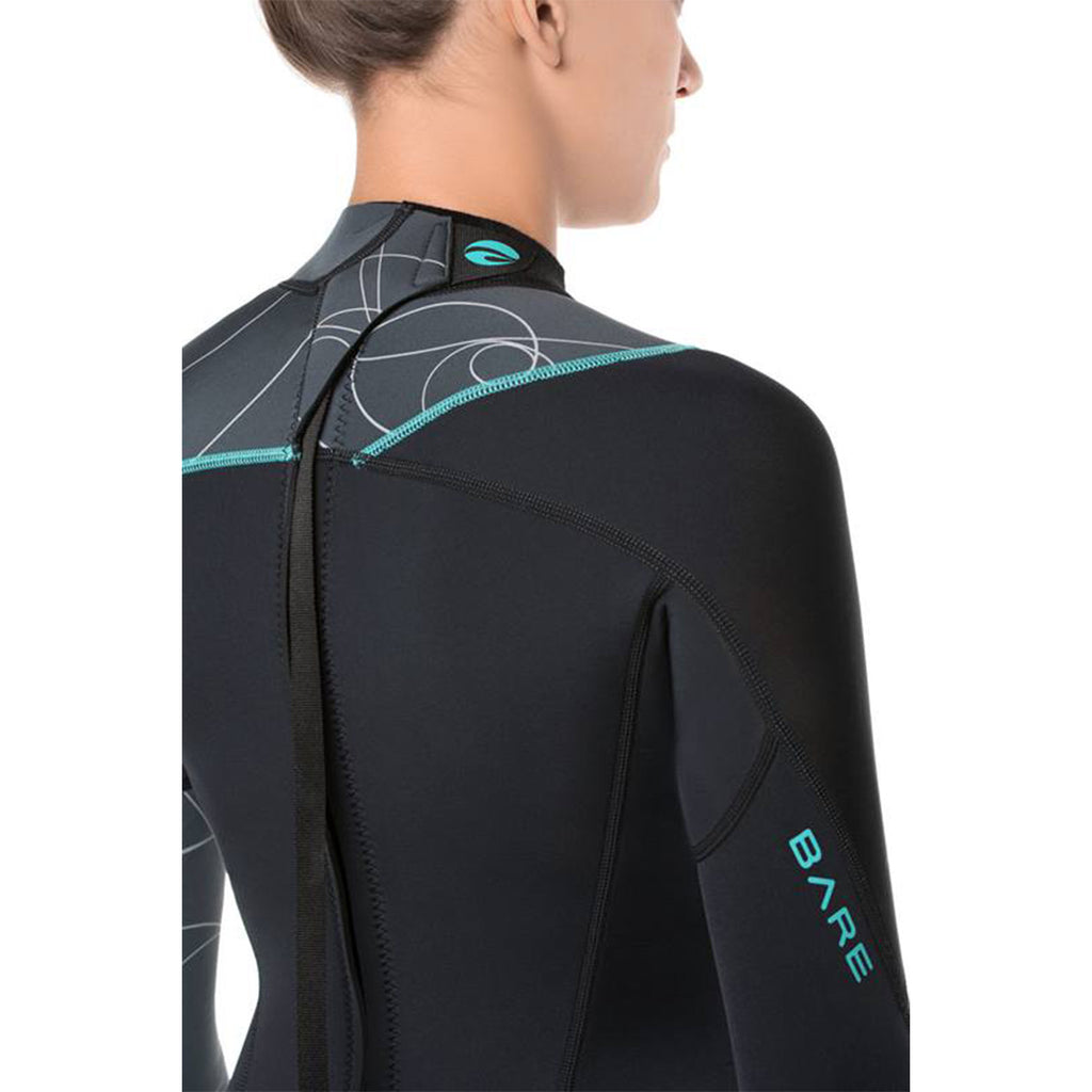 Black wetsuit with teal accents on a white background. BARE 7mm Elate Full Women's Wetsuit measuring instructions