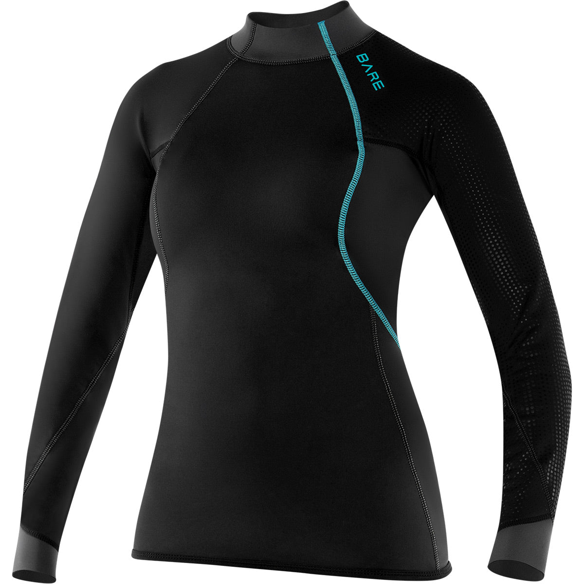 Black BARE ExoWear Women's Long Sleeve Top with teal accents on a white background