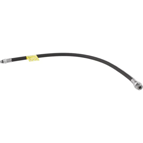 A curved black Hollis Low Pressure Inflator Hose  with silver metal fittings on both ends and a small yellow tag attached near the center, shown on a plain white background.