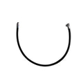 A curved black rubber hose with silver metal connector ends, photographed on a plain light gray background.