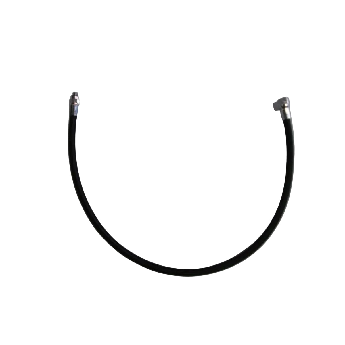 A curved black rubber hose with silver metal connector ends, photographed on a plain light gray background.