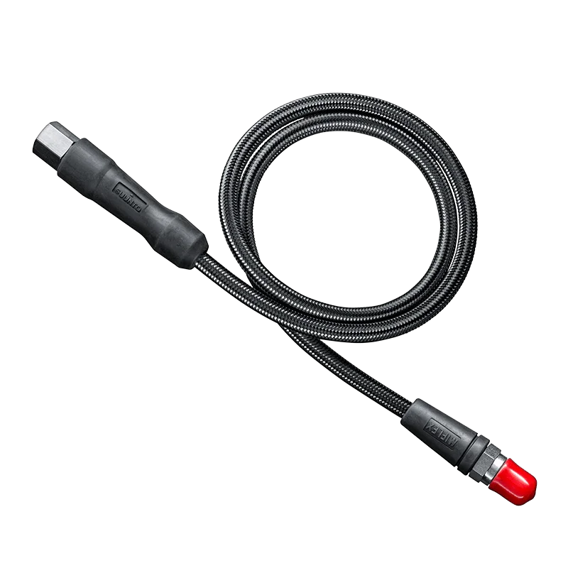 Black braided Suunto High Pressure Hose 33" , Miflex HP Dive Hosewith connectors on a white background
